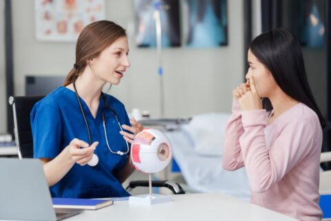 A doctor explaining the eye model to a female patient in East Stroudsburg, PA